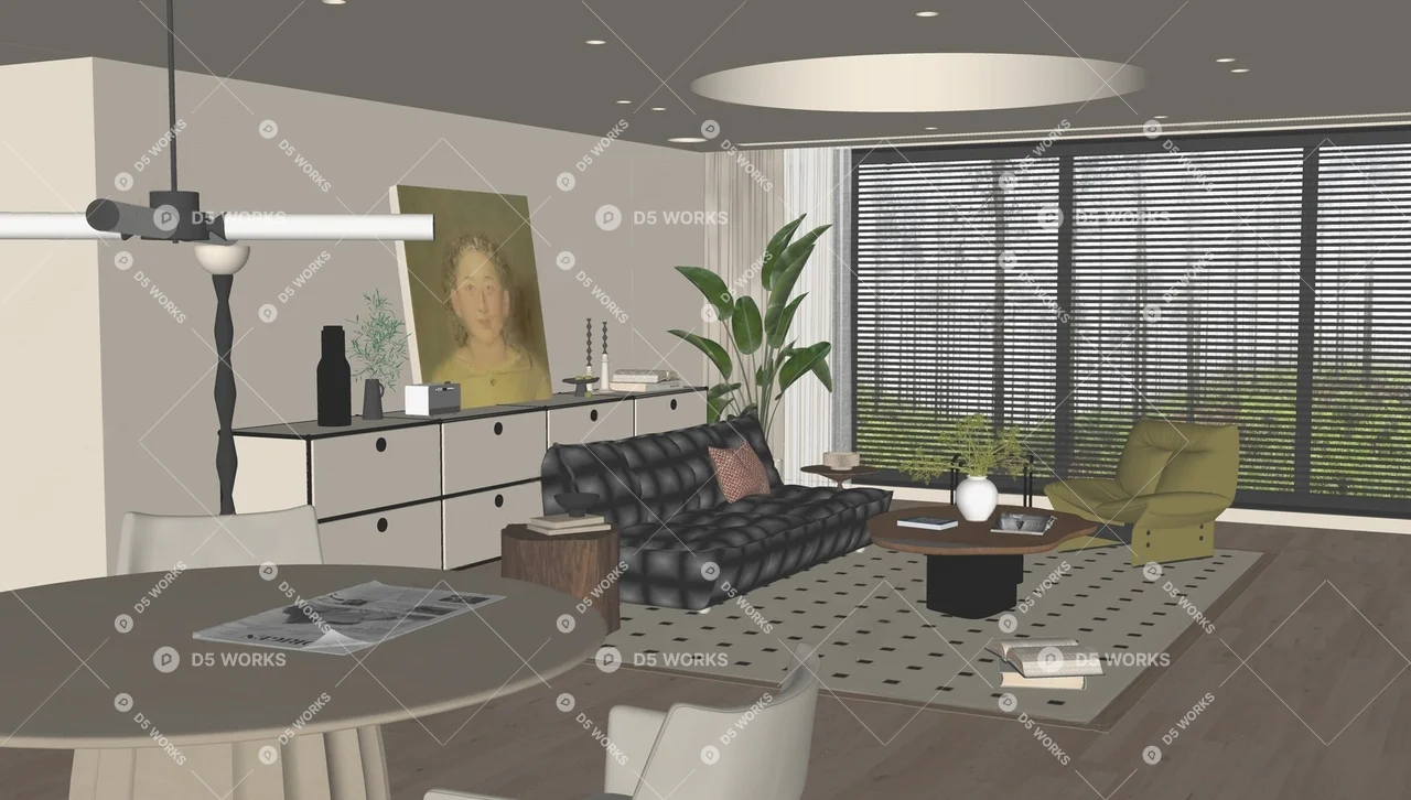 Modern Living & Dining Room 3d model thumbnail 2