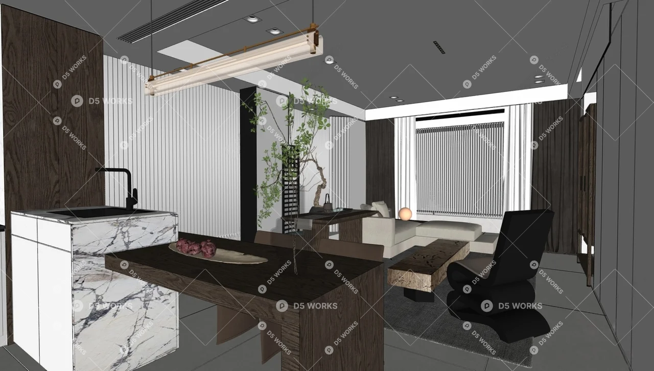 Chinese Living & Dining Room 3d model thumbnail 2