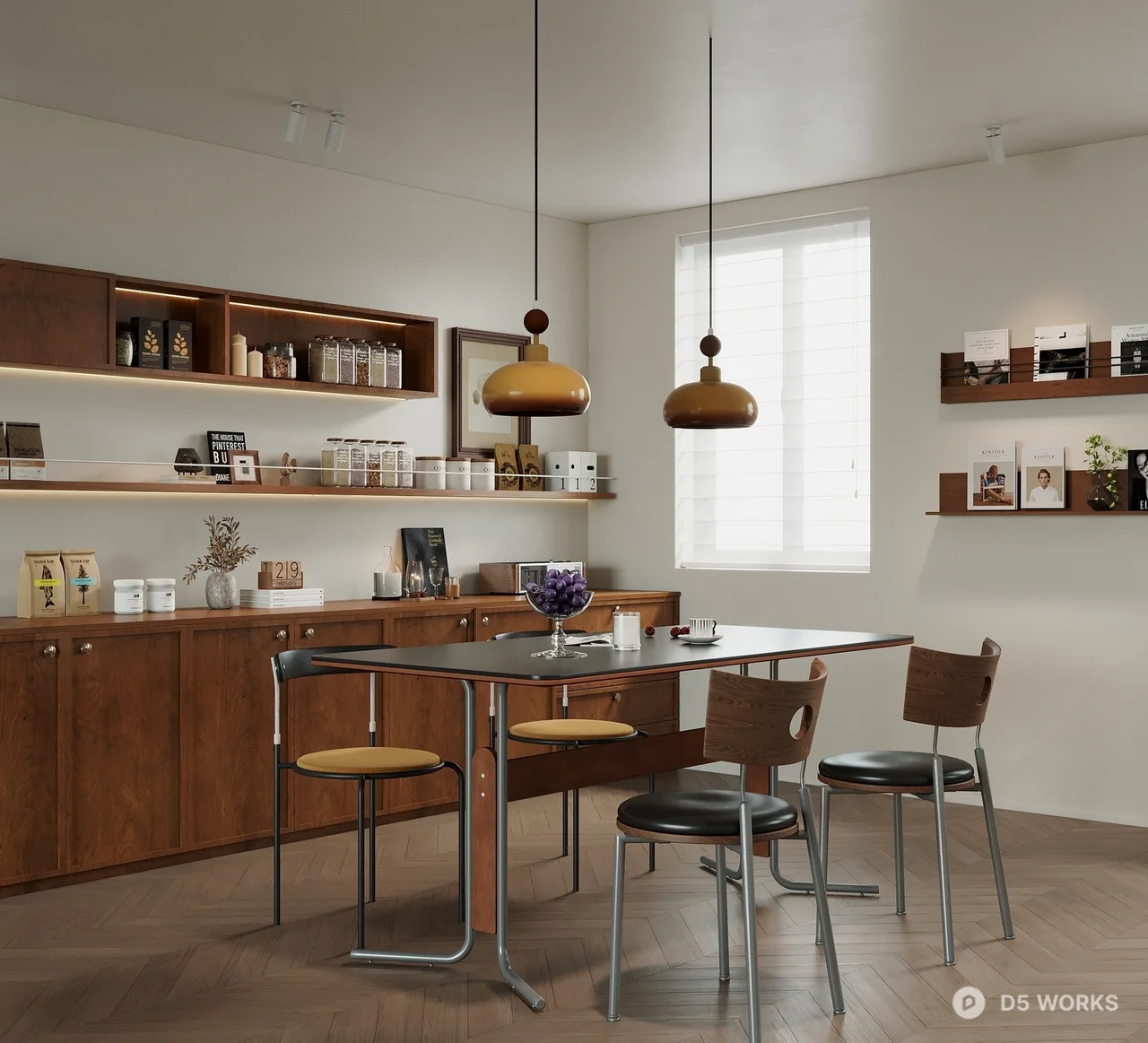 Minimalist Dining Space With Wooden Cabinetry And Pendant Lighting 3d model - Image 1