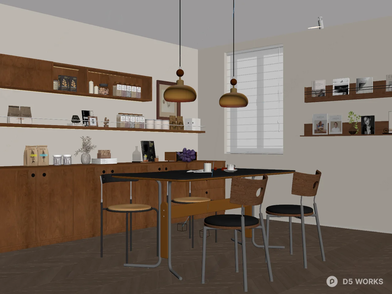 Minimalist Dining Space With Wooden Cabinetry And Pendant Lighting 3d model thumbnail 2
