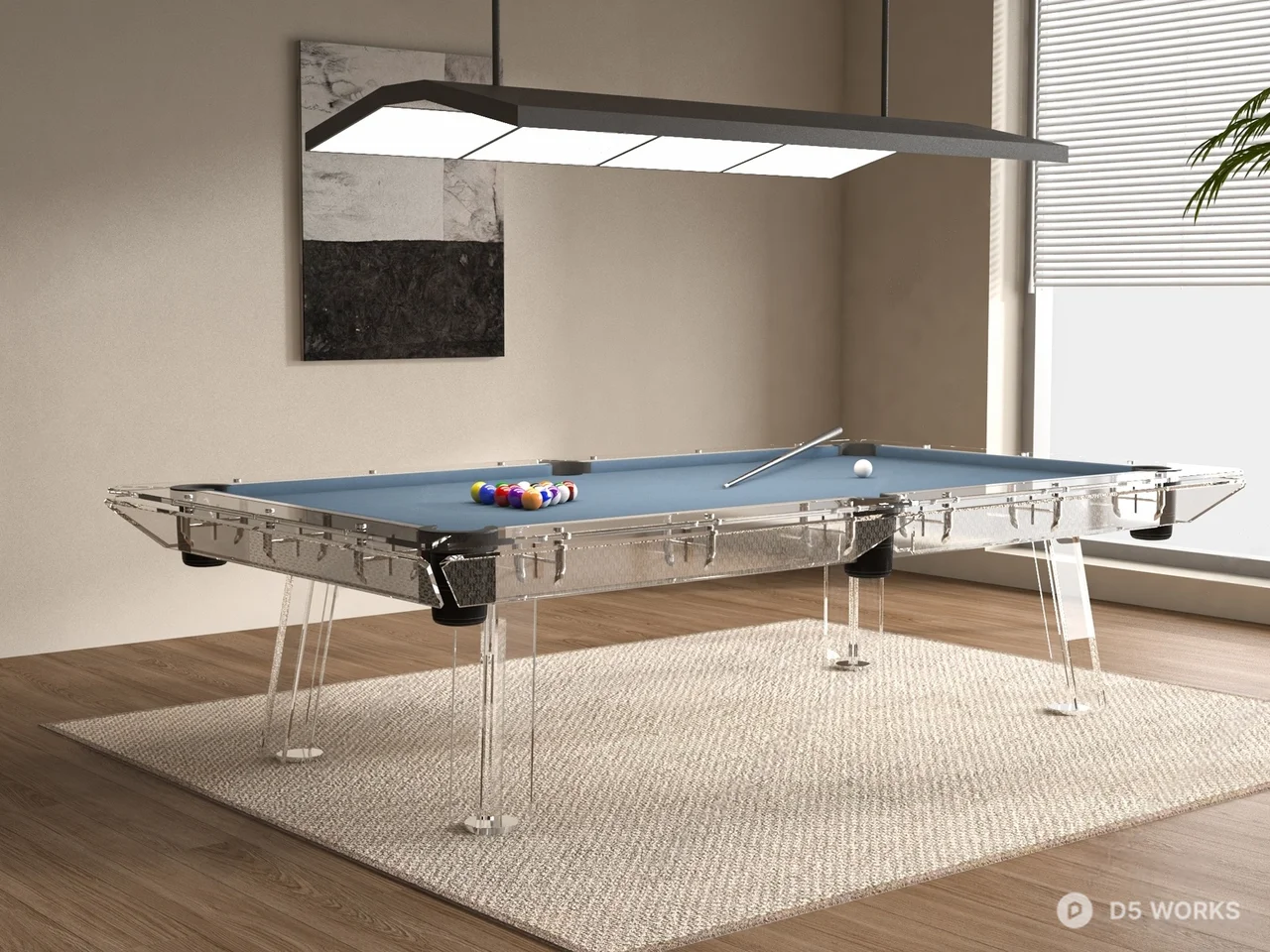 Modern Acrylic Pool Table In Minimalist Entertainment Room 3d model - Image 1