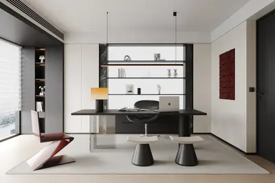 Minimalist Home Study With Floating Shelves And Sculptural Chair 3d model
