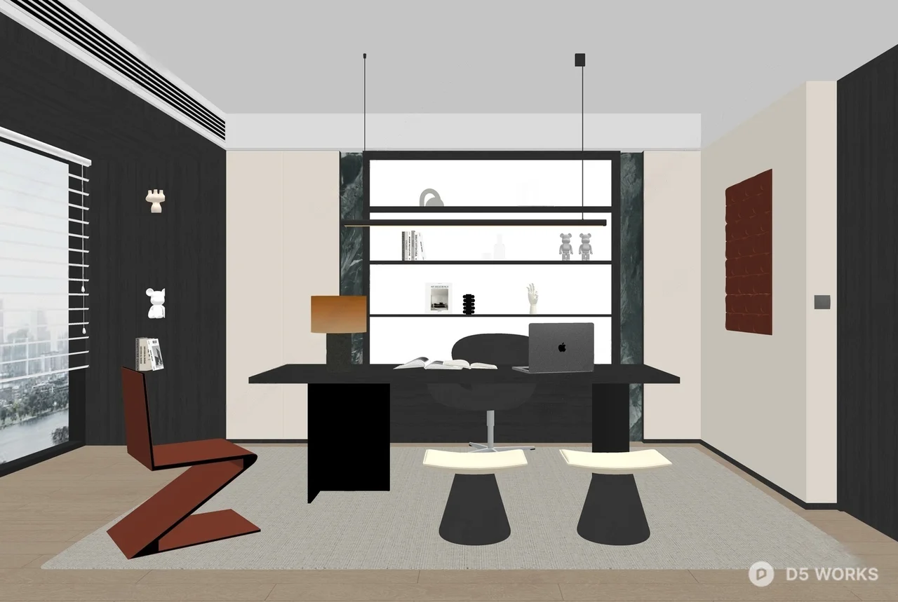 Minimalist Home Study With Floating Shelves And Sculptural Chair 3d model thumbnail 2
