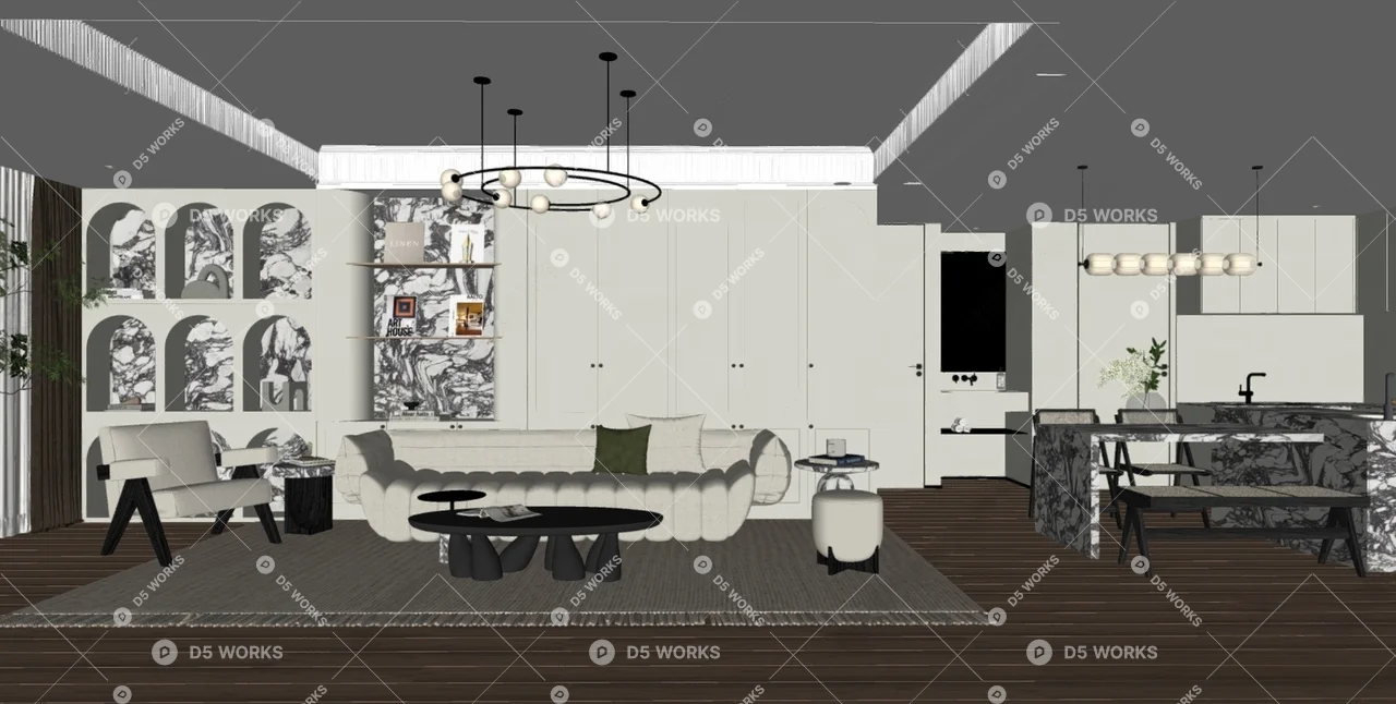 Modern Living & Dining Room 3d model thumbnail 2