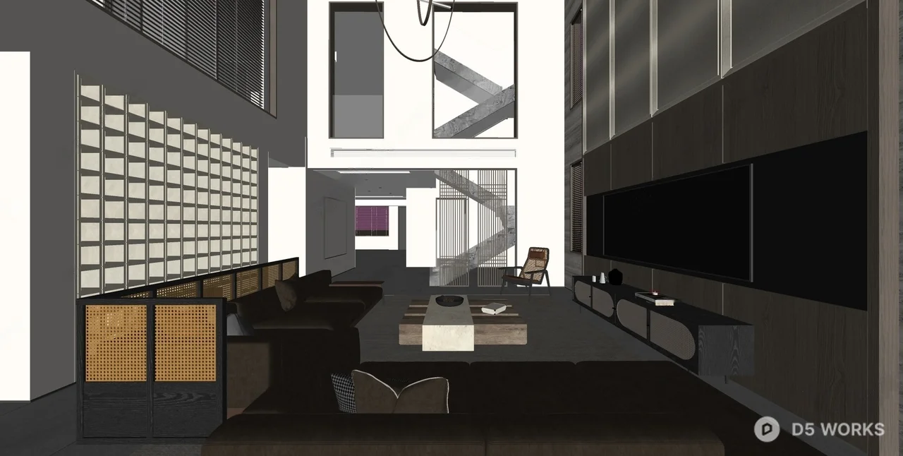 Minimalist Villa Living Room With Floor-To-Ceiling Windows 3d model thumbnail 2