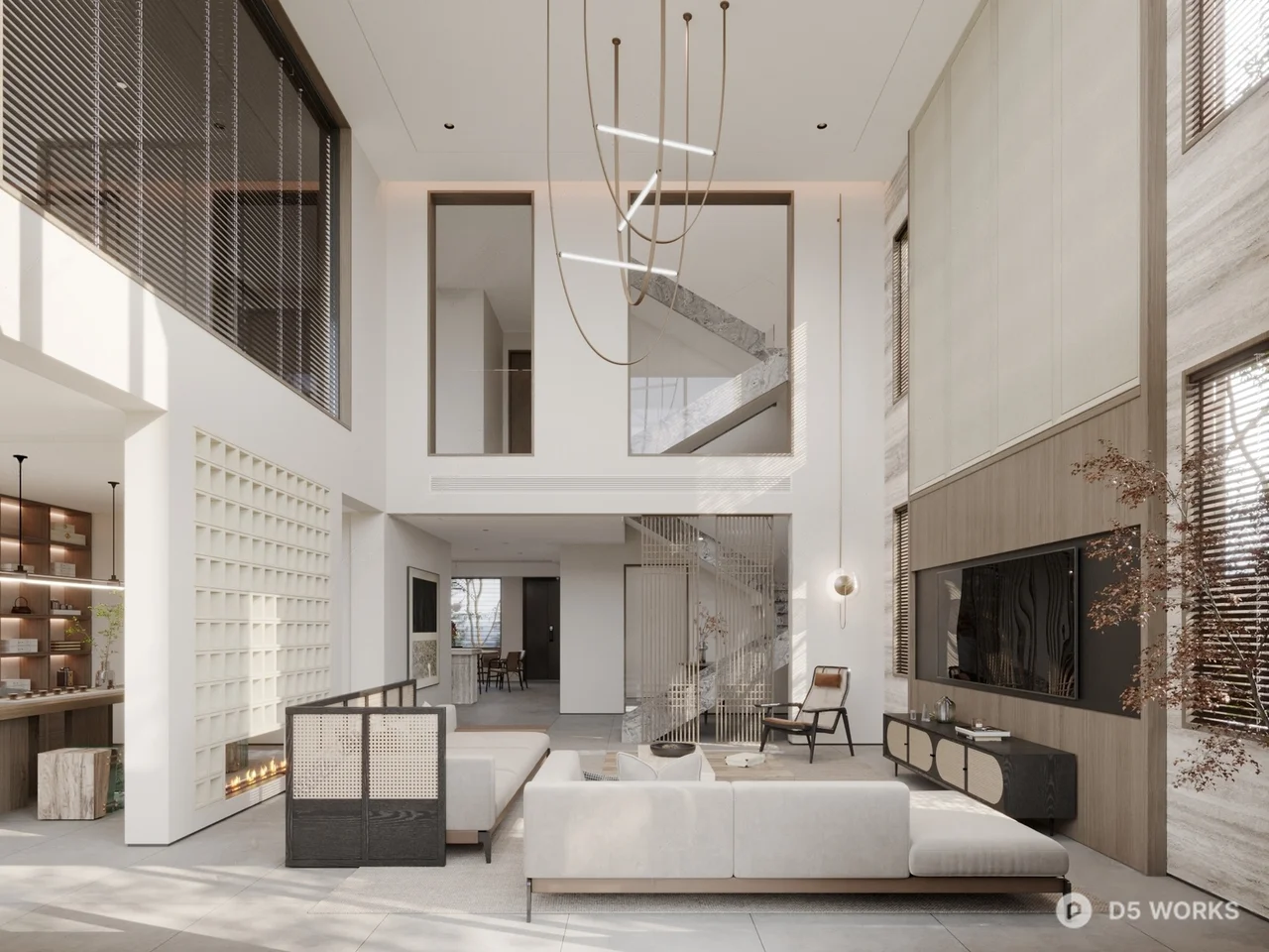 Minimalist Villa Living Room With Floor-To-Ceiling Windows 3d model thumbnail 3