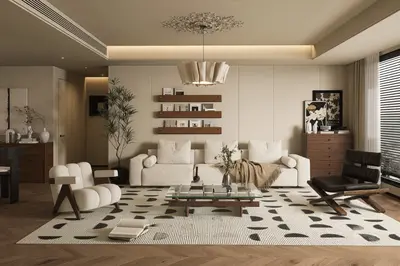 Modern Minimalist Living Room With Wooden Shelving And Patterned Rug 3d model