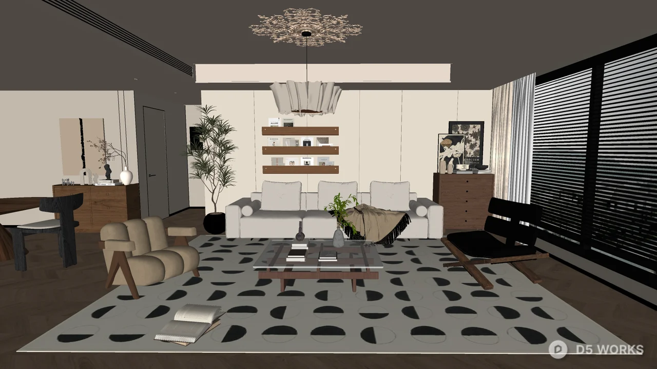 Modern Minimalist Living Room With Wooden Shelving And Patterned Rug 3d model thumbnail 2