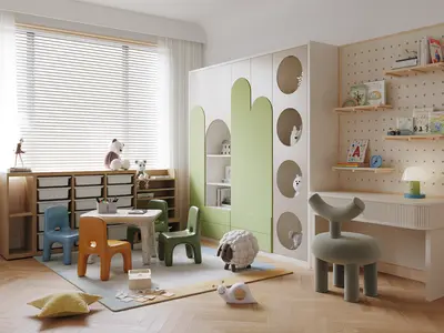 Minimalist Children's Room With Playful Furniture And Storage 3d model