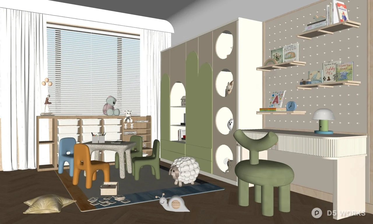 Minimalist Children's Room With Playful Furniture And Storage 3d model thumbnail 2