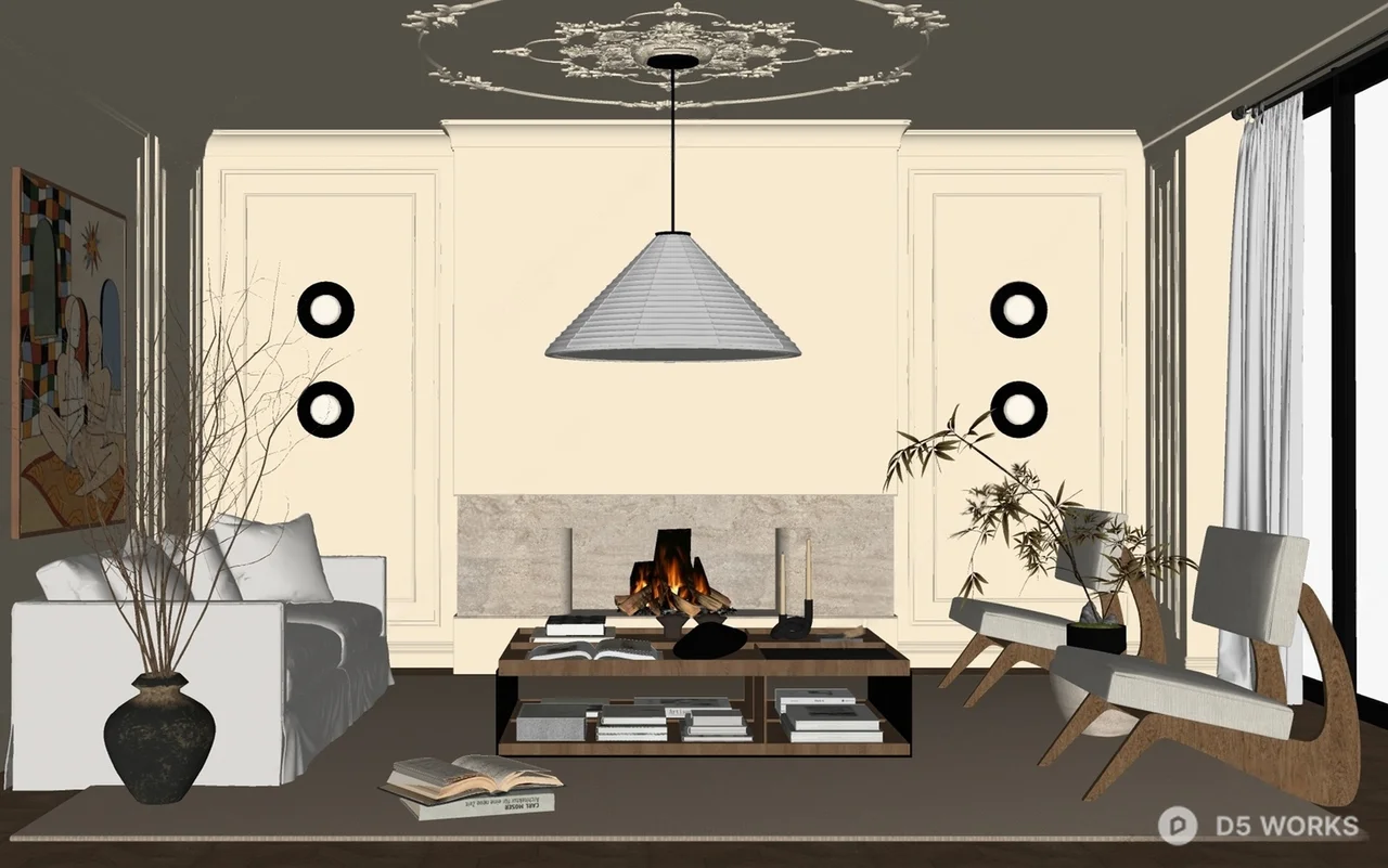 Minimalist Living Room with Fireplace and Art 3d model thumbnail 2