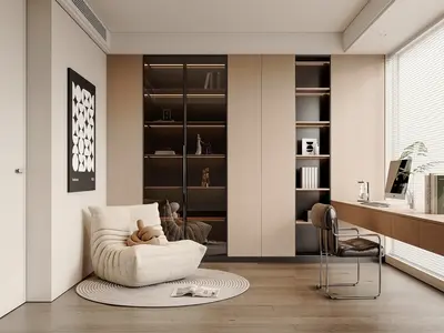Minimalist Study Room With Integrated Storage And Lounge Chair 3d model