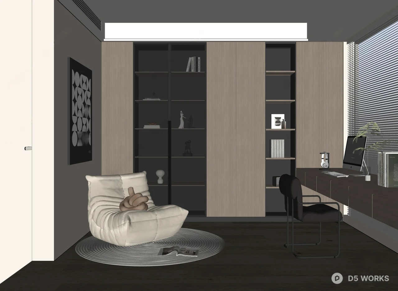Minimalist Study Room With Integrated Storage And Lounge Chair 3d model thumbnail 2