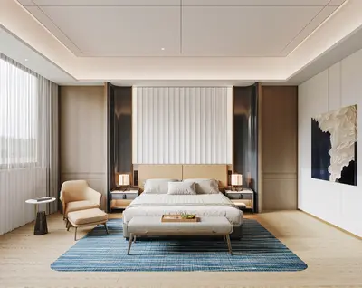Modern Minimalist Bedroom with Blue Rug Accent 3d model