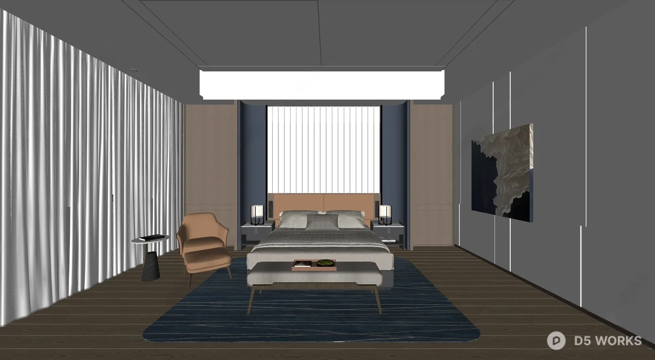 Modern Minimalist Bedroom with Blue Rug Accent 3d model thumbnail 2