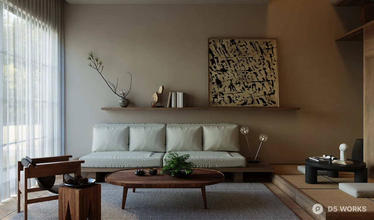 Minimalist Wooden Living Room with Built In Storage 3d model thumbnail 4