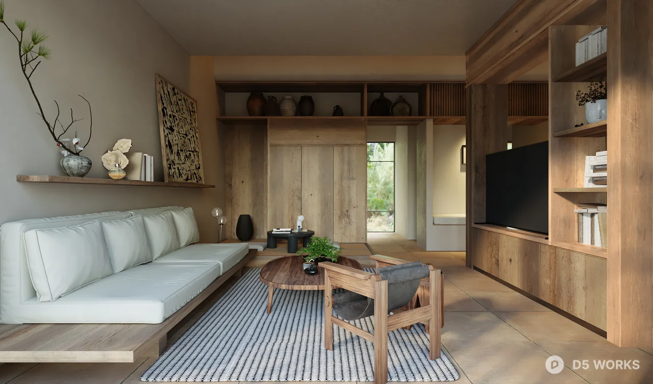 Minimalist Wooden Living Room with Built In Storage 3d model - Image 1