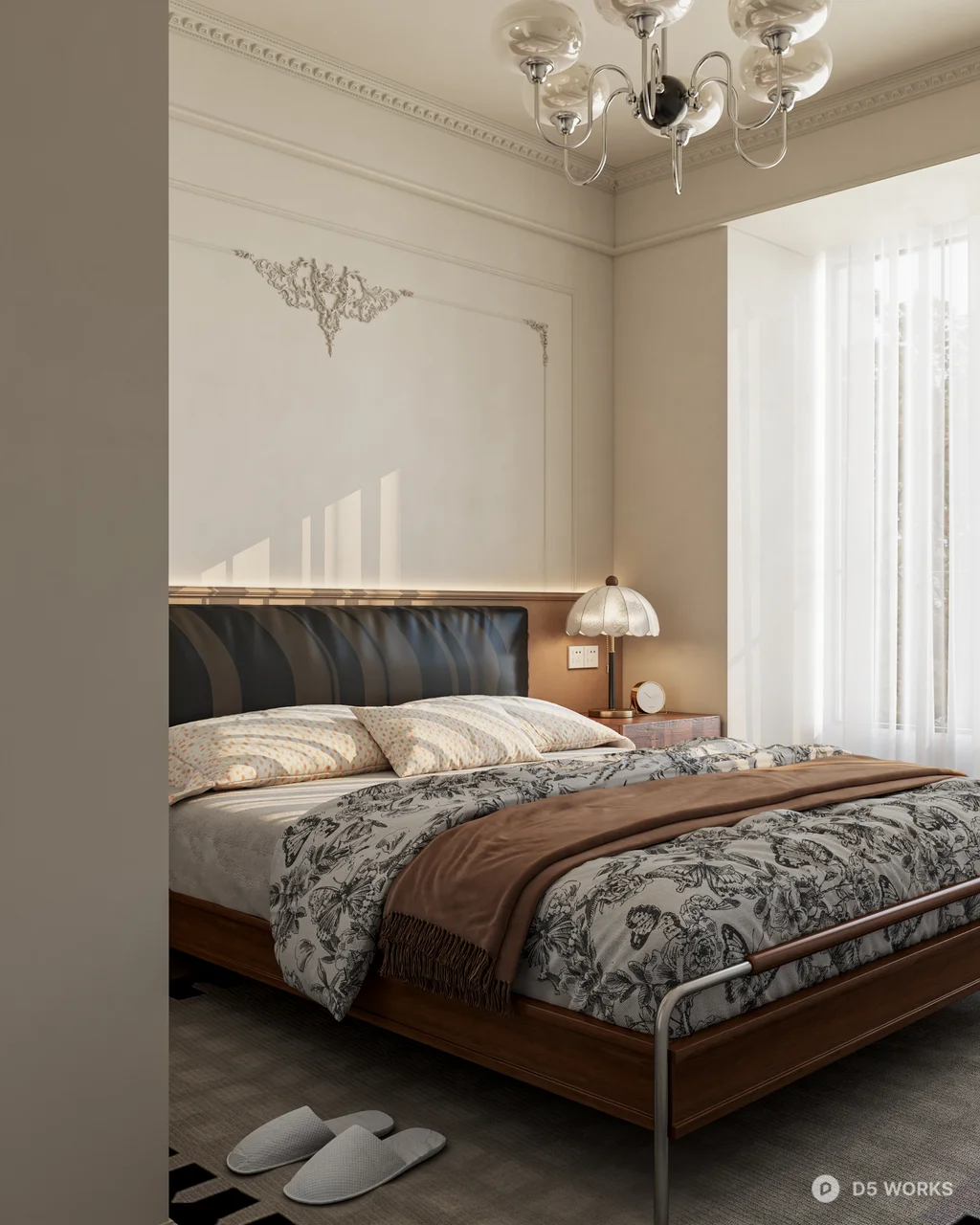 Mid Century Modern Bedroom with Patterned Rug 3d model thumbnail 2