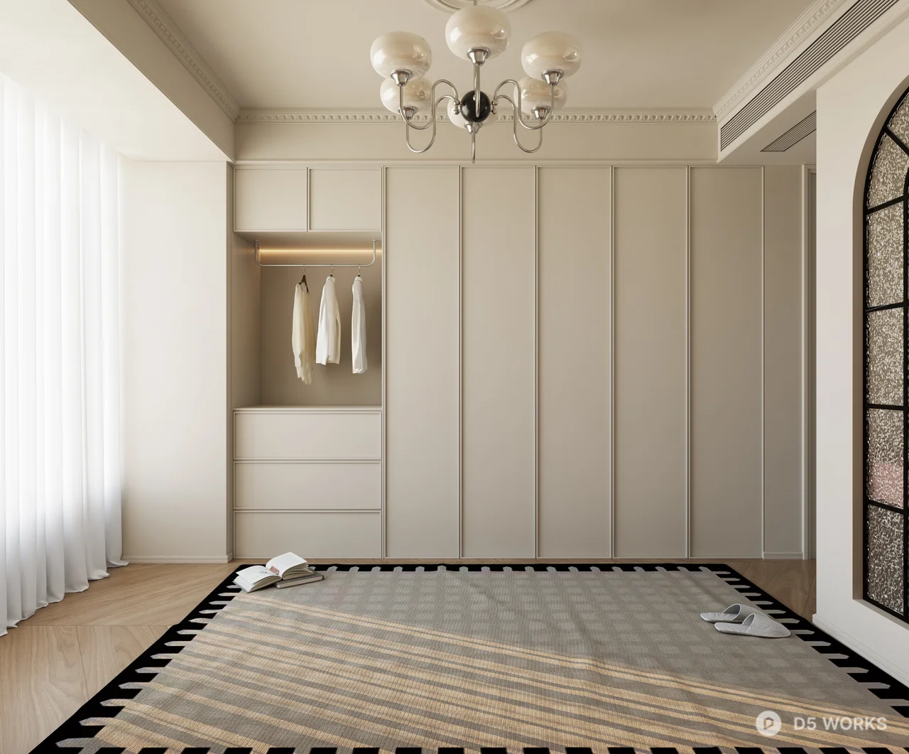 Mid Century Modern Bedroom with Patterned Rug 3d model thumbnail 4