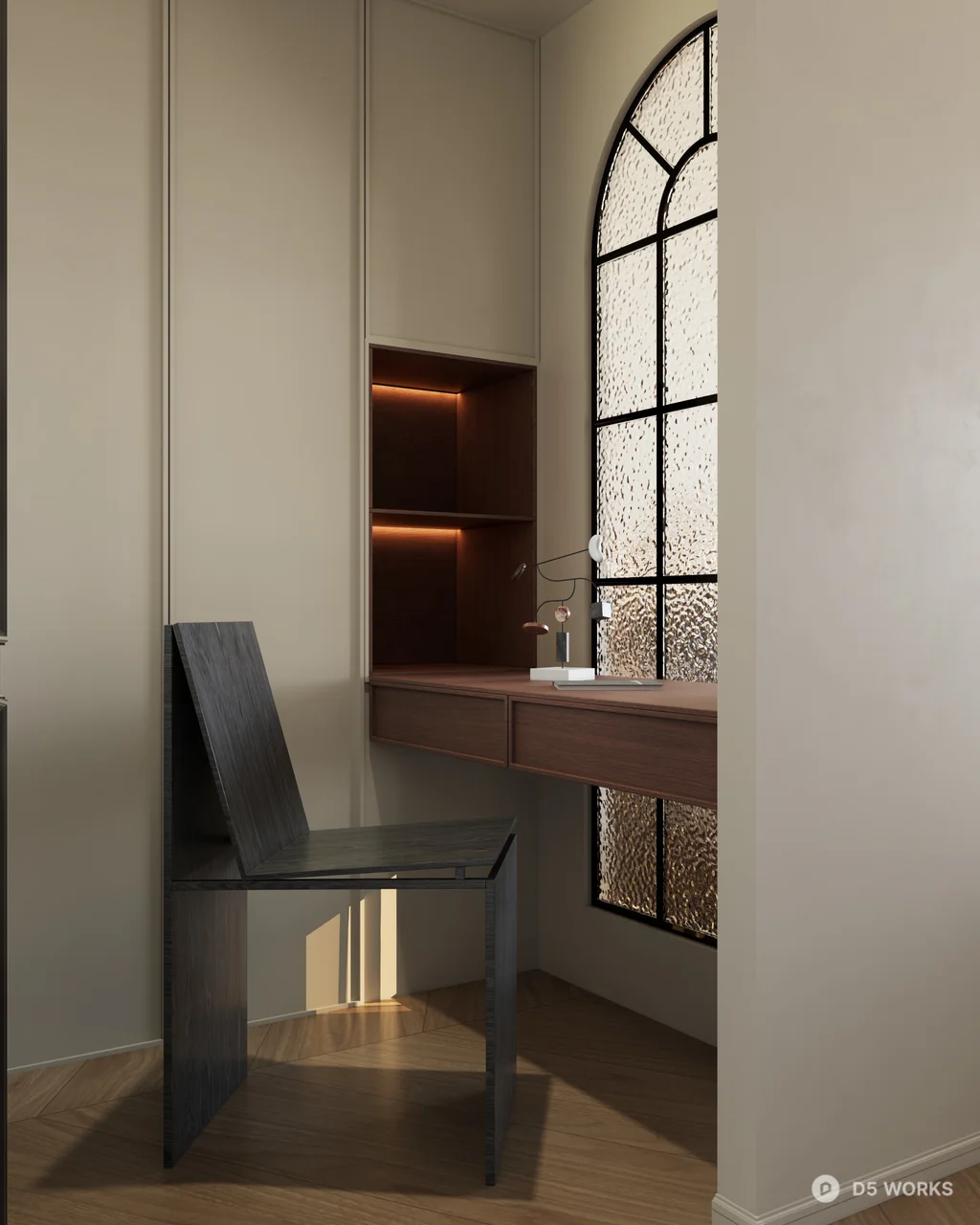 Mid Century Modern Bedroom with Patterned Rug 3d model thumbnail 3