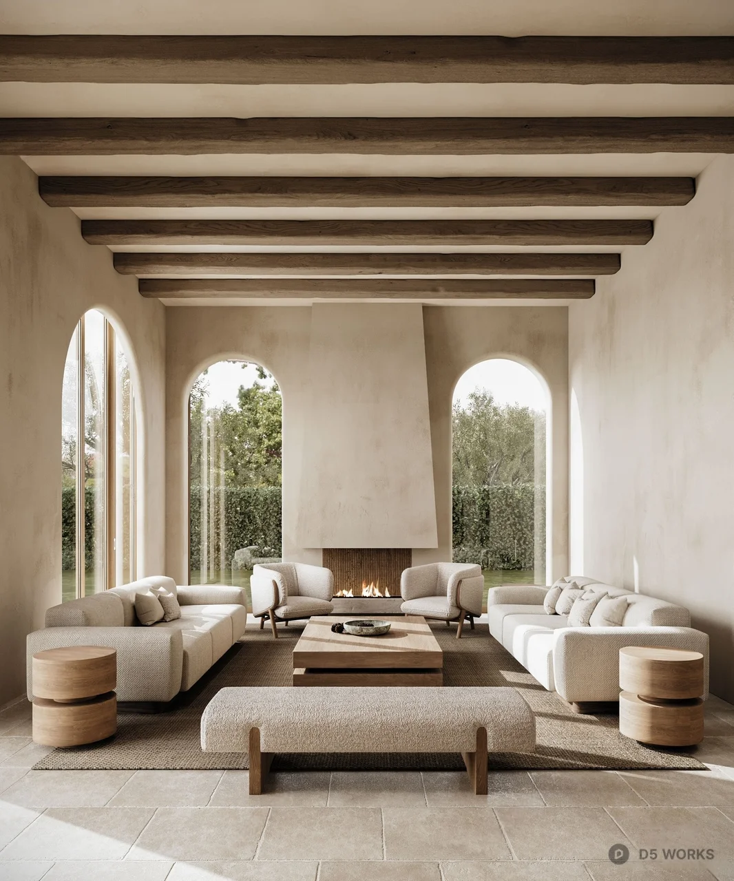 Minimalist Living Room with Arched Windows 3d model - Image 1