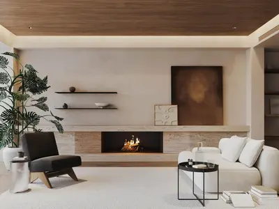 Minimalist Living Room with Fireplace and Art 3d model