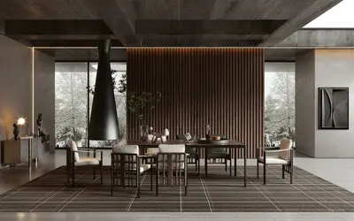 Modern Villa Dining Room with Wooden Slats Partition 3d model
