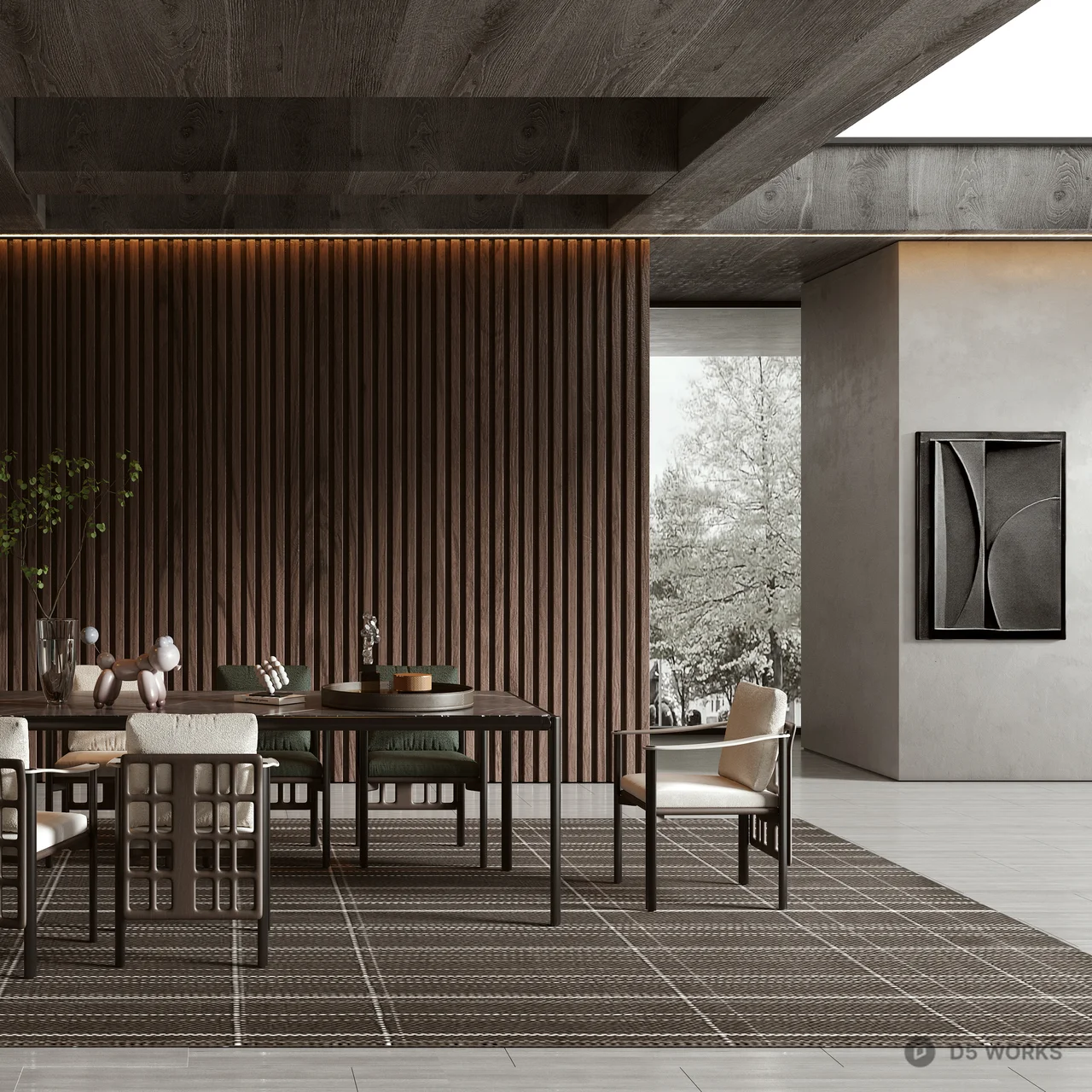 Modern Villa Dining Room with Wooden Slats Partition 3d model thumbnail 2