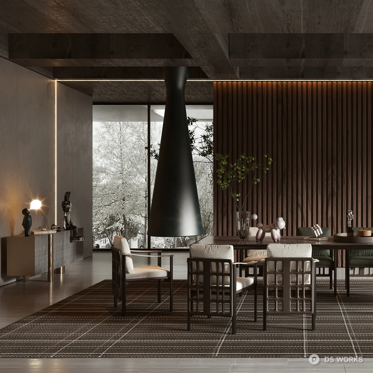 Modern Villa Dining Room with Wooden Slats Partition 3d model thumbnail 4
