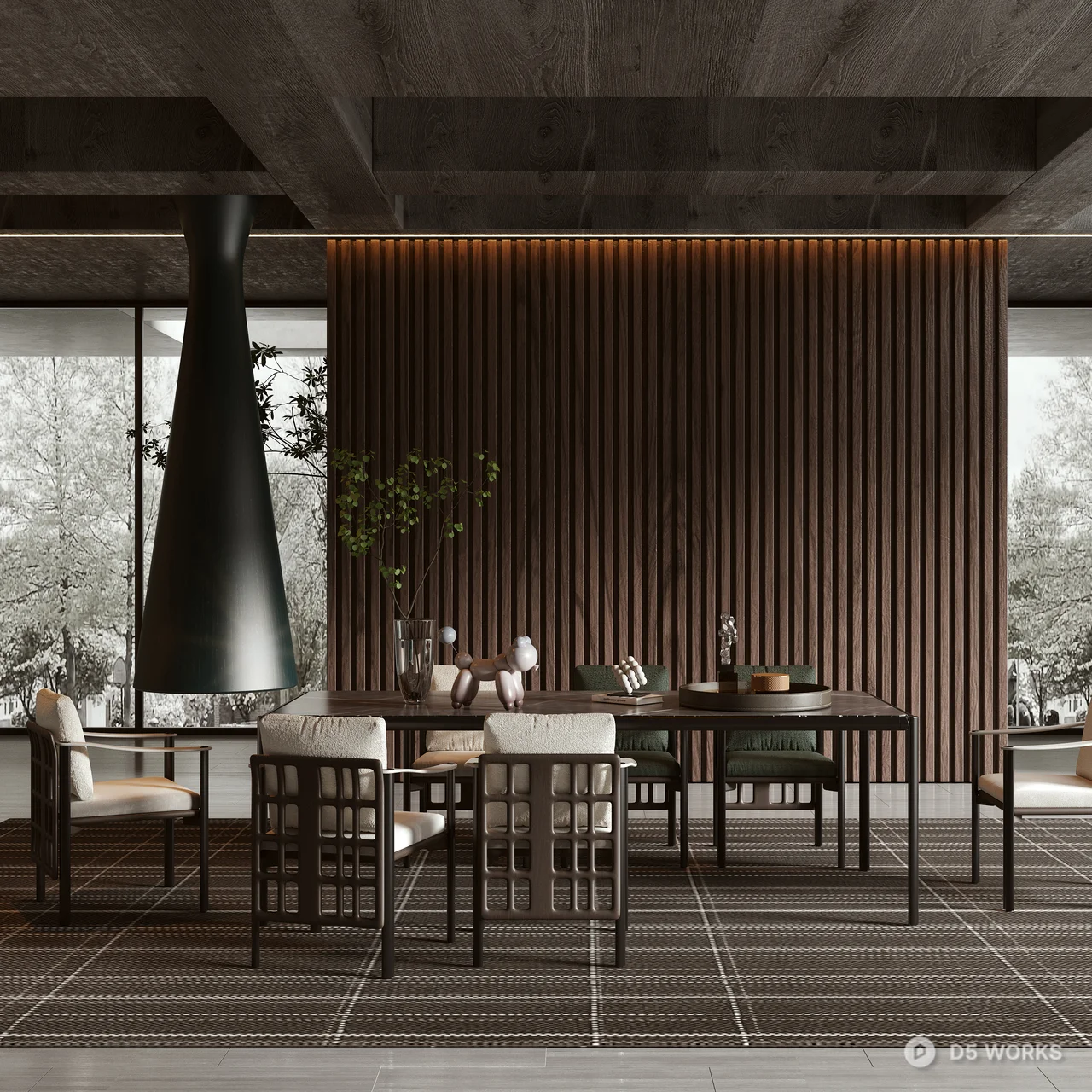 Modern Villa Dining Room with Wooden Slats Partition 3d model thumbnail 3