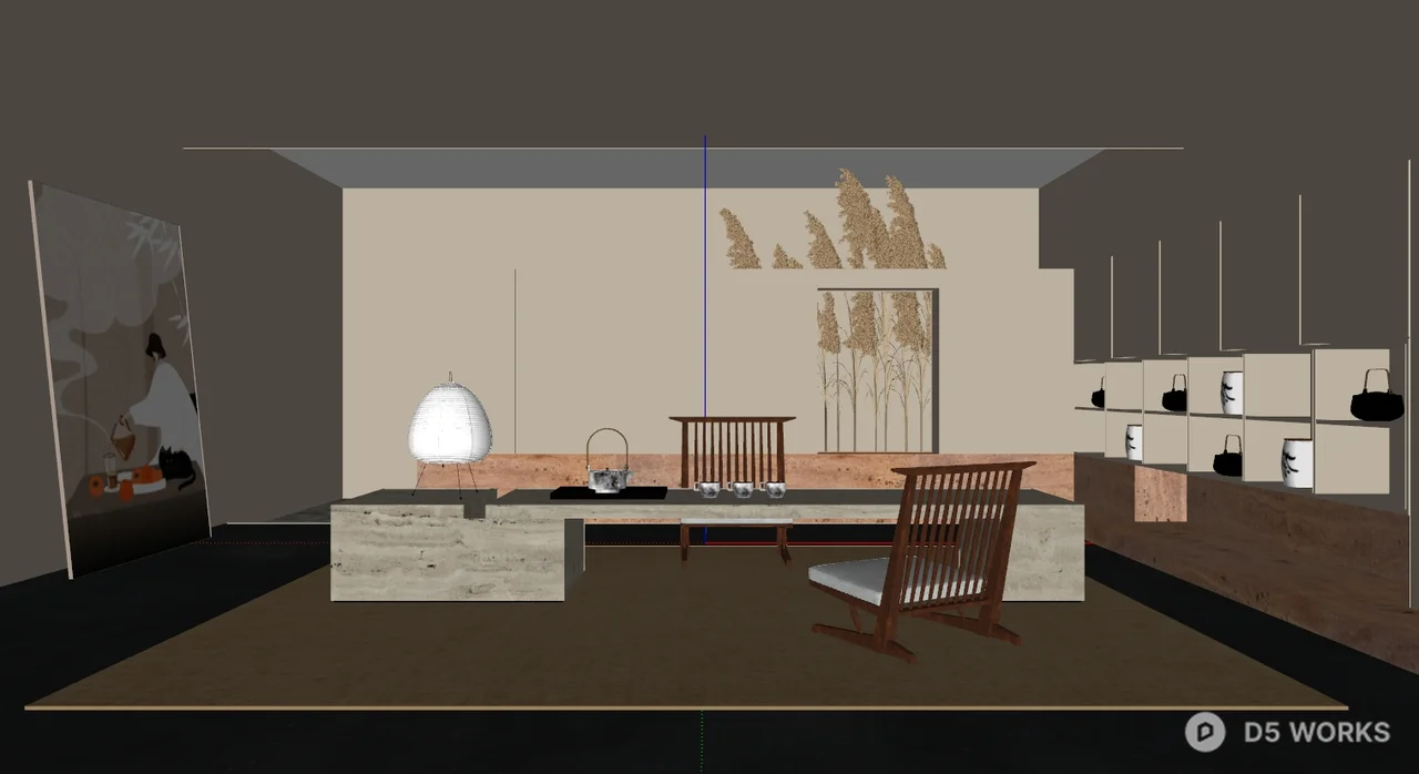 Minimalist Tea Room with Wooden Chair and Low Table 3d model thumbnail 2