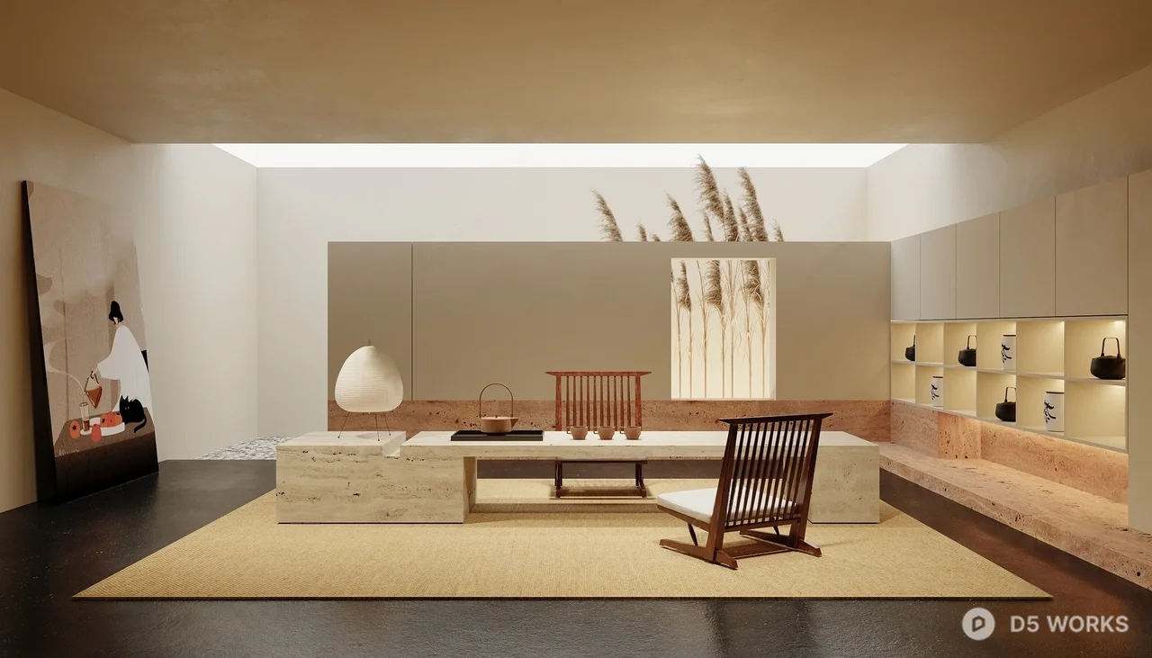 Minimalist Tea Room with Wooden Chair and Low Table 3d model - Image 1