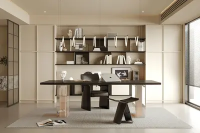 Minimalist Study Room With Integrated Bookshelf And Desk 3d model