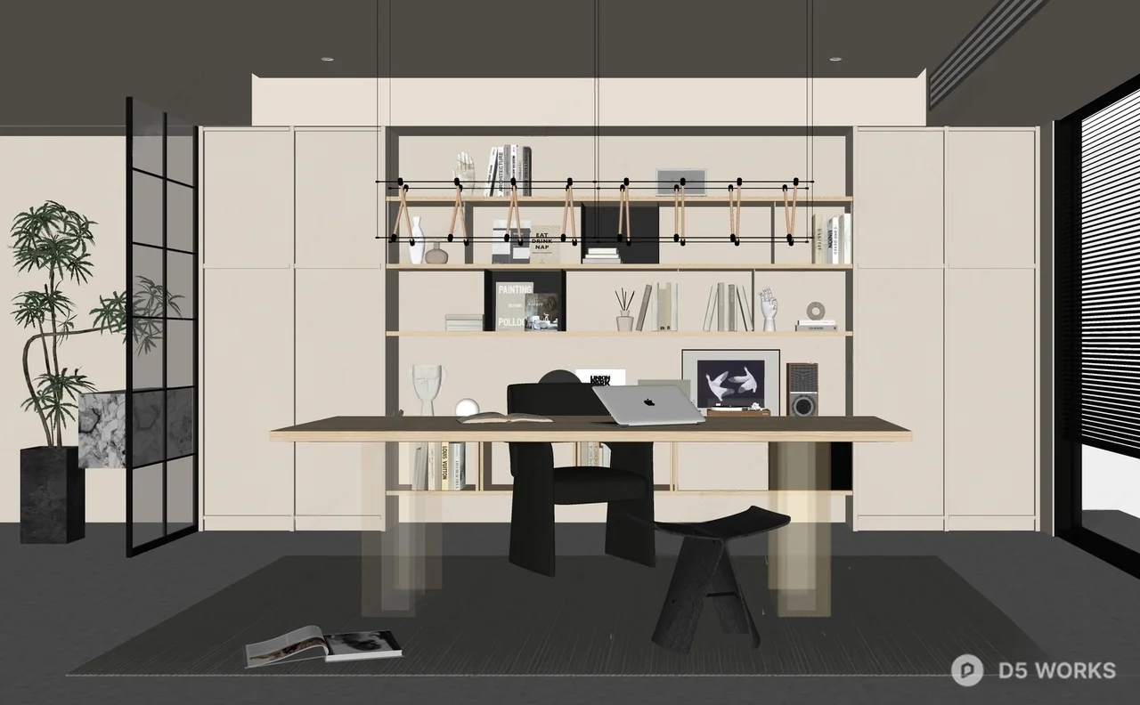 Minimalist Study Room With Integrated Bookshelf And Desk 3d model thumbnail 2