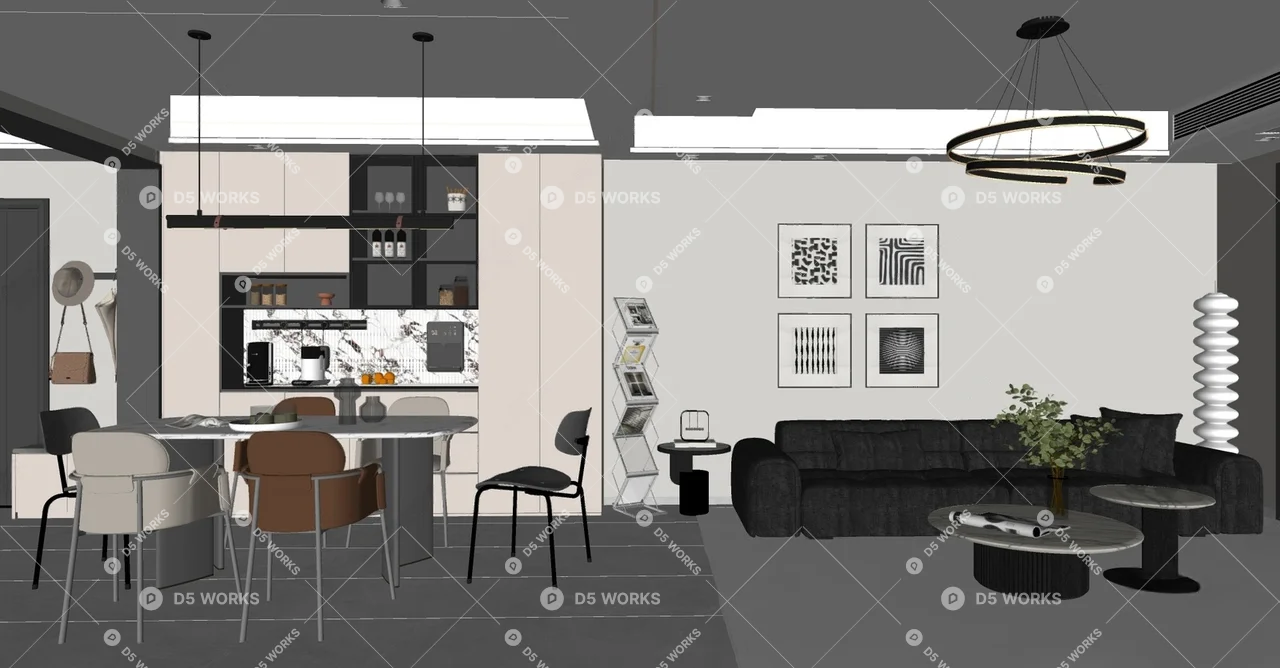 Modern Living & Dining Room 3d model thumbnail 2