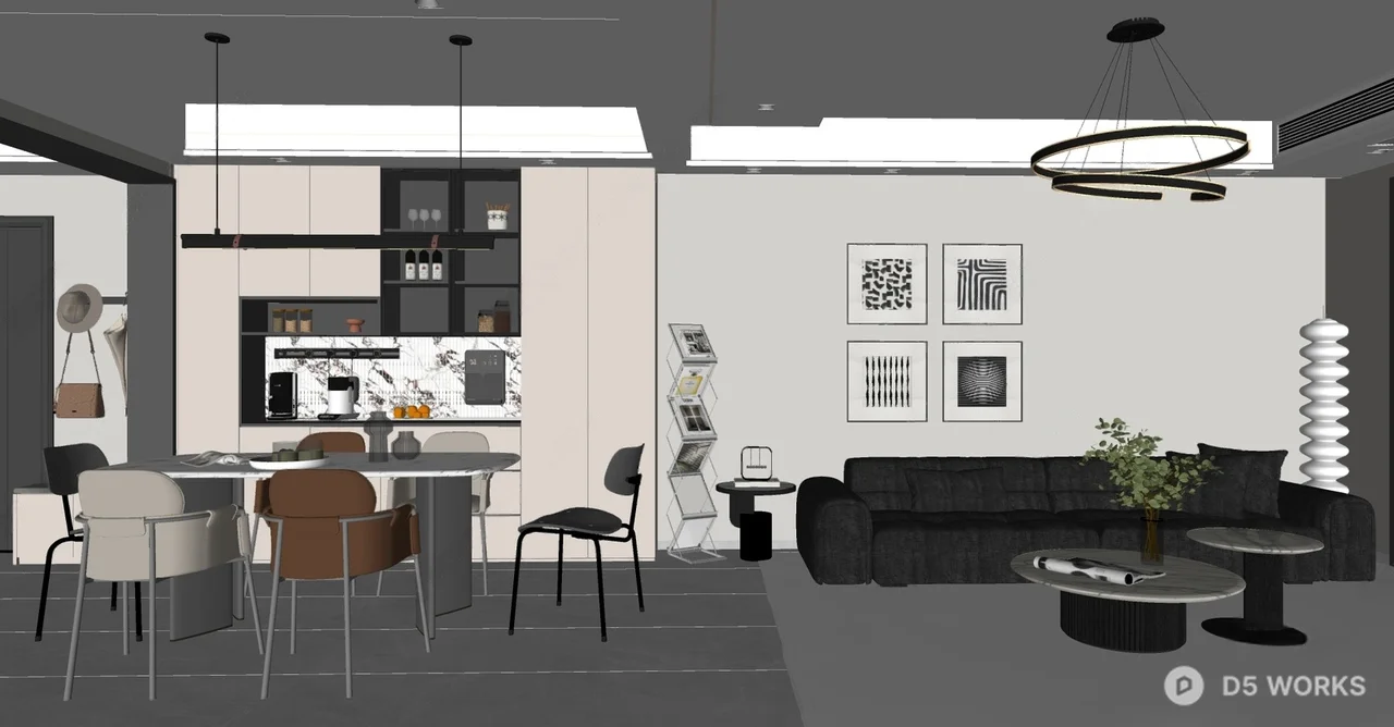 Modern Minimalist Living Dining Space With Integrated Kitchen 3d model thumbnail 2