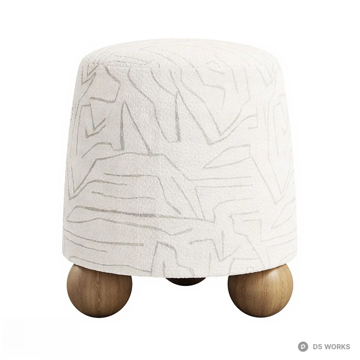 Abstract Line Pattern Upholstered Stool With Wooden Legs 3d model thumbnail 2