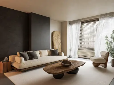 Minimalist Living Room with Textured Wall and Organic Furniture 3d model