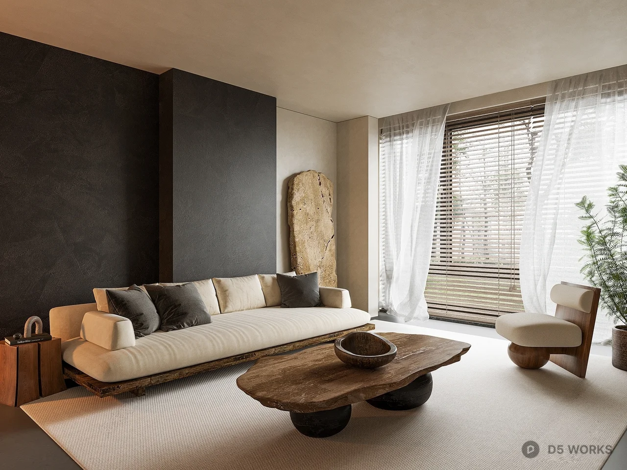 Minimalist Living Room with Textured Wall and Organic Furniture 3d model - Image 1
