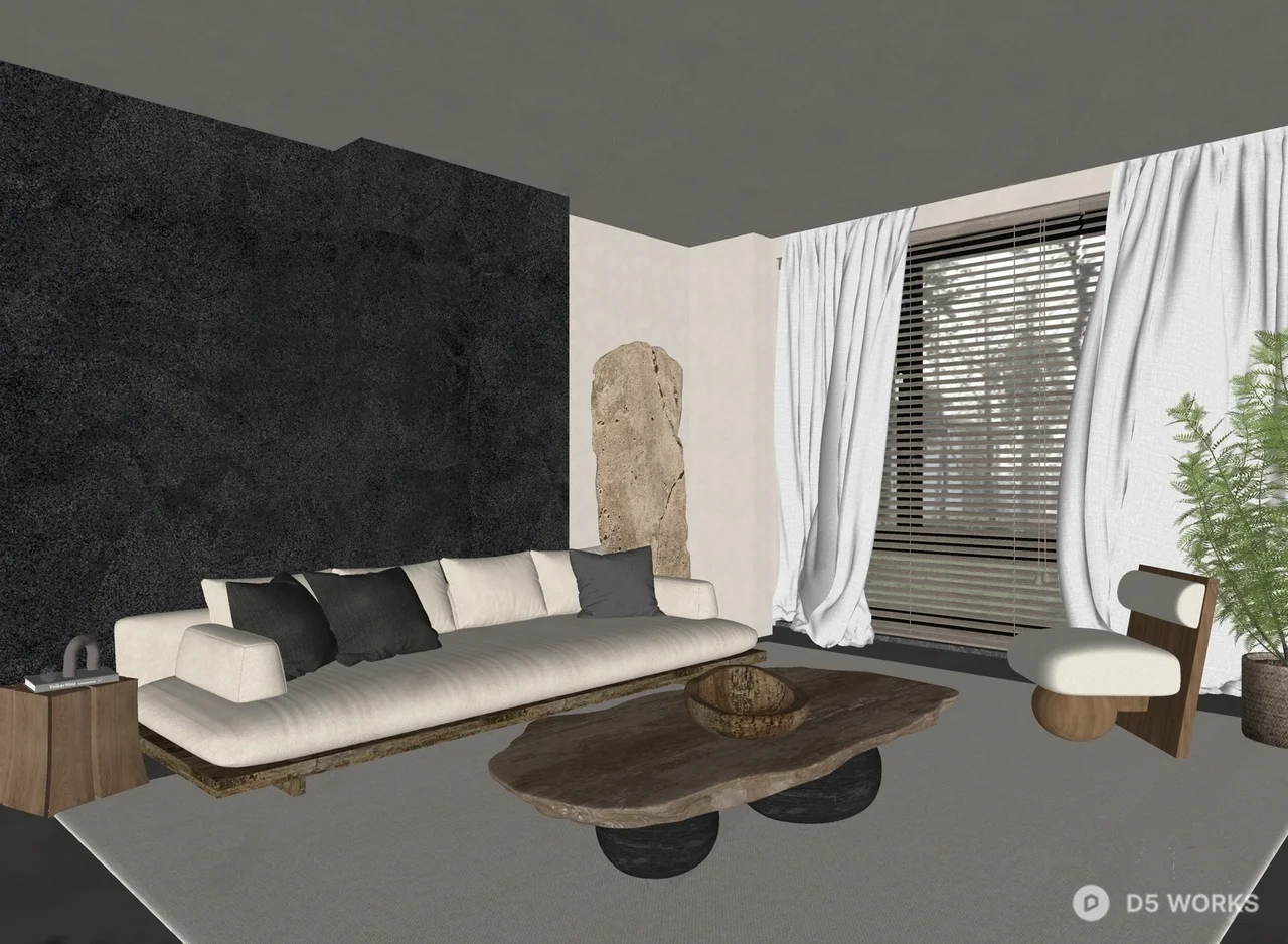 Minimalist Living Room with Textured Wall and Organic Furniture 3d model thumbnail 2