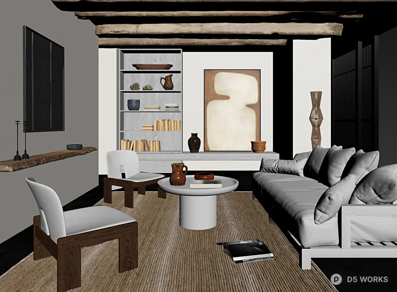 Rustic Modern Living Room with Exposed Beams 3d model thumbnail 2