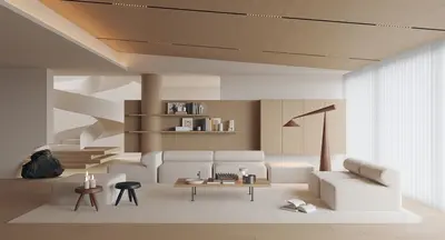 Minimalist Villa Living Room with Warm Wood Accents 3d model