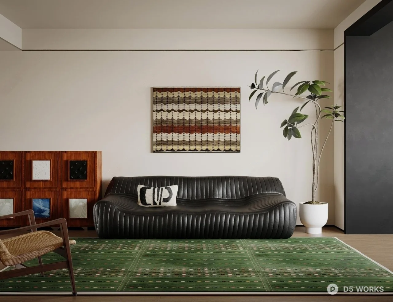 Mid Century Modern Living Room with Leather Sofa 3d model - Image 1