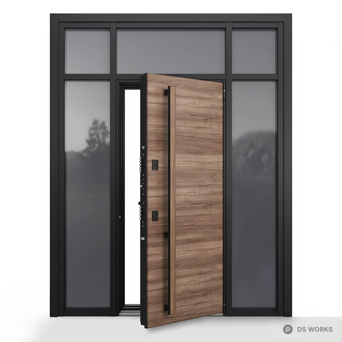 Wood Grain Sliding Door With Black Frame 3d model - Image 1