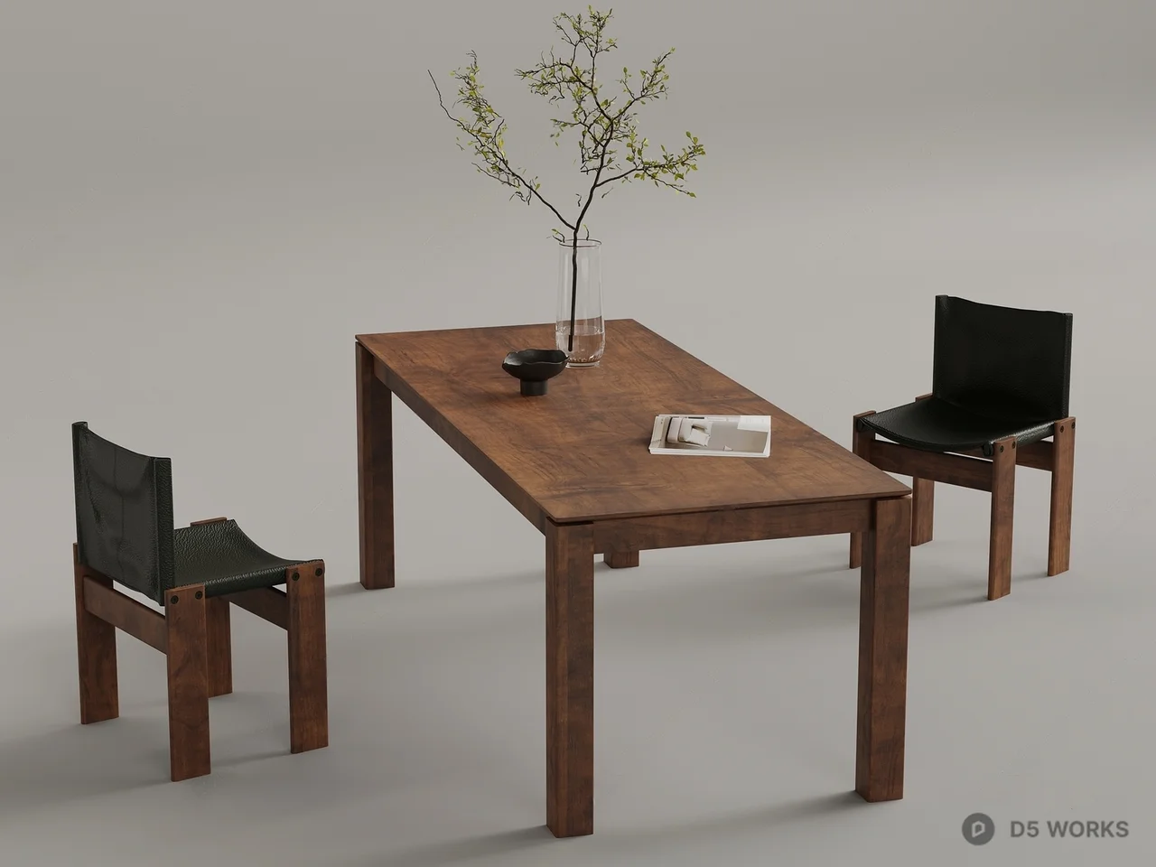 Wooden Dining Table With Black Leather Chairs 3d model - Image 1