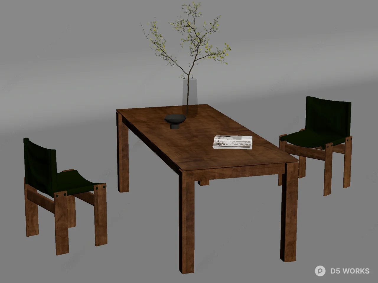 Wooden Dining Table With Black Leather Chairs 3d model thumbnail 2