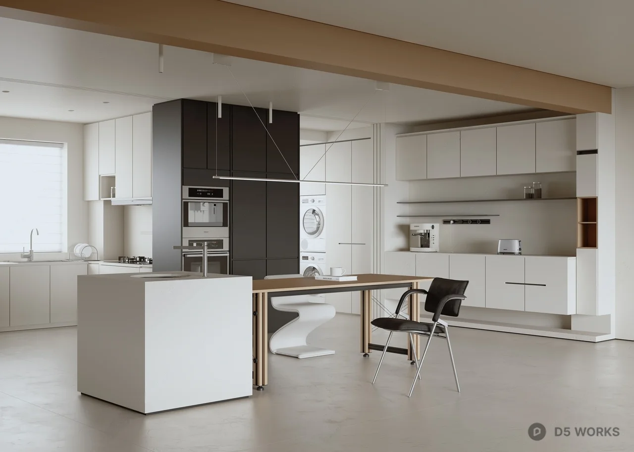 Minimalist Open Kitchen With Island And Modern Cabinetry 3d model - Image 1