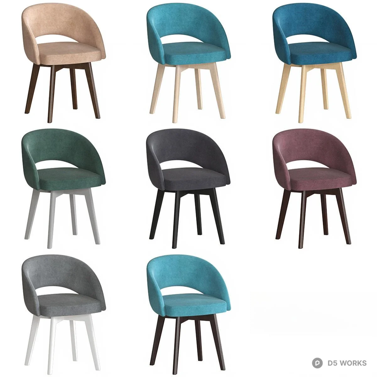 Velvet Upholstered Dining Chair With Wooden Legs 3d model thumbnail 2