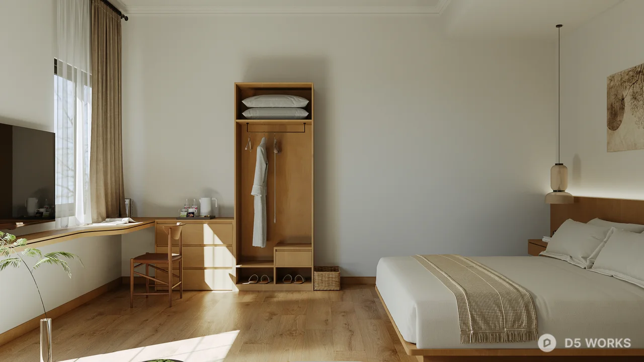 Minimalist Natural Wood Bedroom 3d model - Image 1