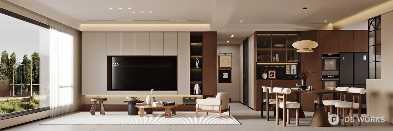 Modern Integrated Living Dining Space With Warm Wood Tone 3d model thumbnail 3
